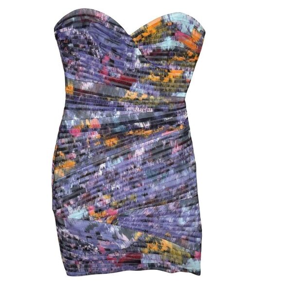 BCBGMAXAZRIA Mini Dress Size 2 Purple Watercolor Ruched Bodycon Strapless Straps - Picture 2 of 8
